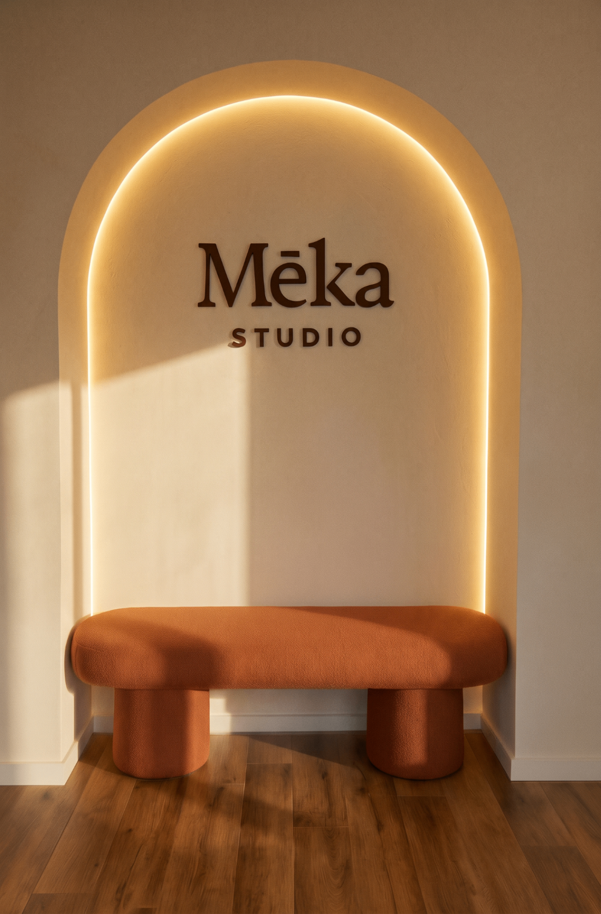 MEKÀ Studio arched signage with curved bench