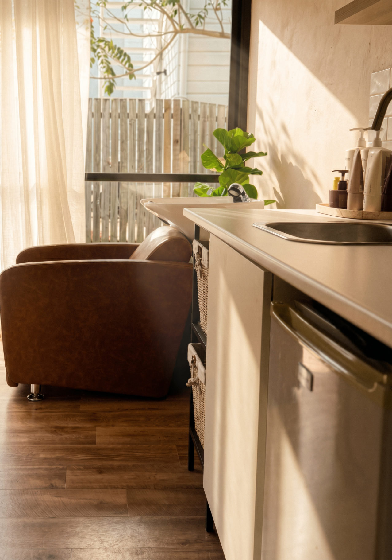 Wash station with curated products and natural light
